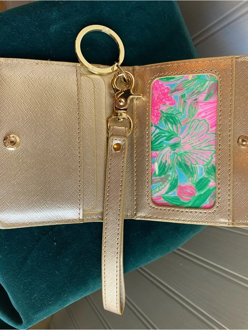 Lilly Pulitzer Pink & Green Floral Card Holder with Gold Strap